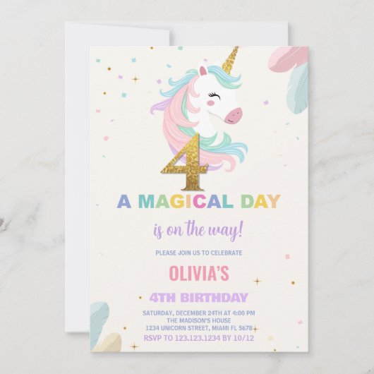 4e anniversaire Unicorn Invitations anniversaire (Devant)