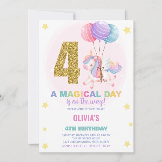 4e anniversaire Unicorn Invitations anniversaire (Devant)