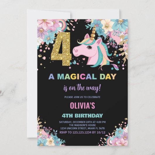 4e anniversaire Unicorn Invitations anniversaire (Devant)