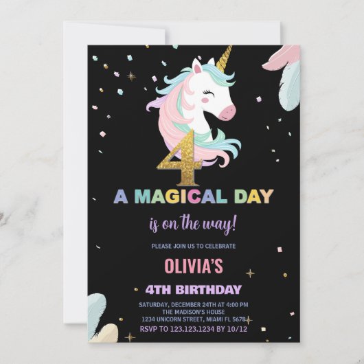 4e anniversaire Unicorn Invitations anniversaire (Devant)