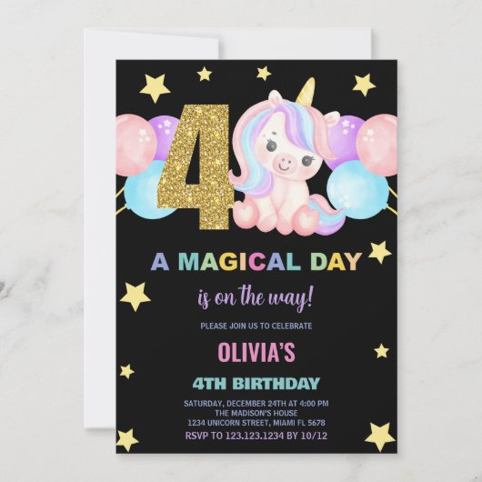 4e anniversaire Unicorn Invitations anniversaire (Devant)