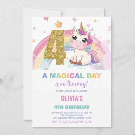 4e anniversaire Unicorn Invitations anniversaire (Devant)