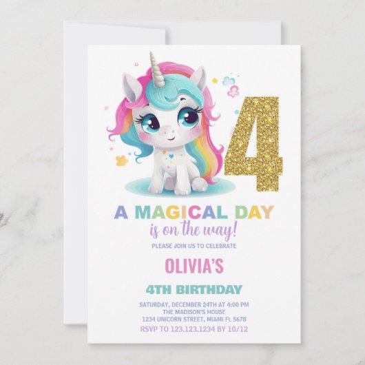 4e anniversaire Unicorn Invitations anniversaire (Devant)