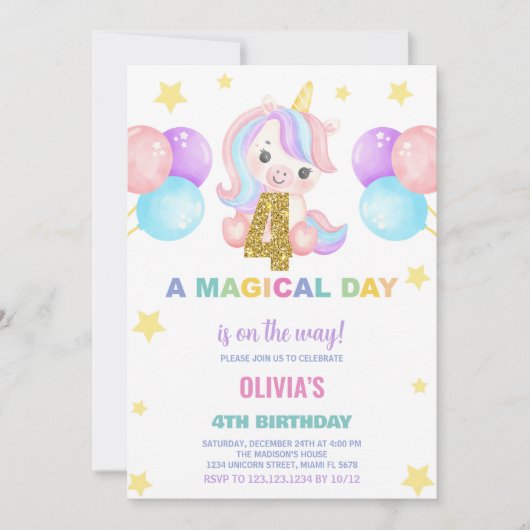 4e anniversaire Unicorn Invitations anniversaire (Devant)