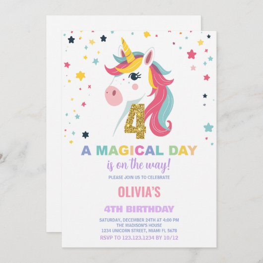 4e anniversaire Unicorn Invitations anniversaire (Devant / Derrière)