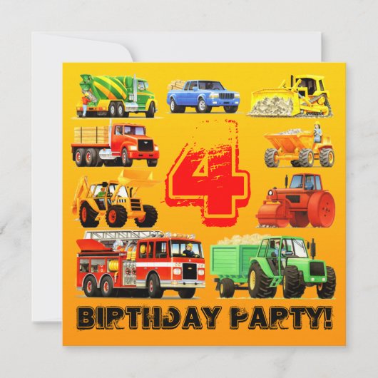 4e Big Truck Birthday Party Kaart (Voorkant)