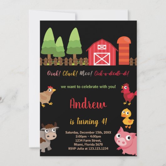 4e Black Red Farm Animaux Invitations d'anniversai (Devant)