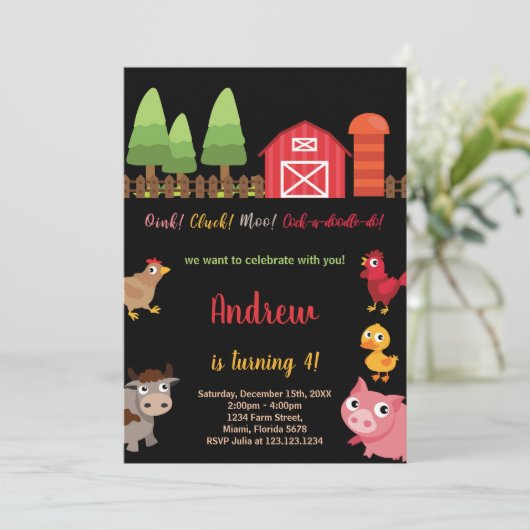 4e Black Red Farm Animaux Invitations d'anniversai (Debout devant)