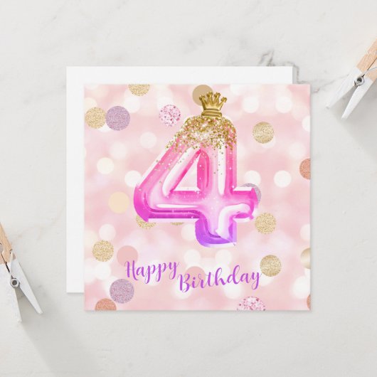 4e carte fille d'anniversaire rose violet or (Devant/Arrière en situation)