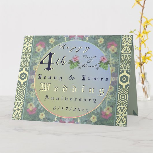 4e Fruit & Bloemen Huwelijksjubileum Kaart (Gele Bloem)