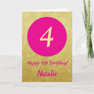4e Happy Birthday Hot Pink en Gold Glitter Kaart