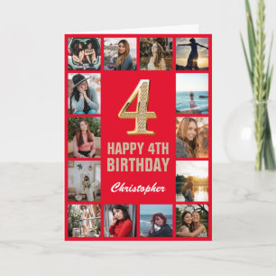 4e Happy Birthday Red en Gold Photo Collage Kaart