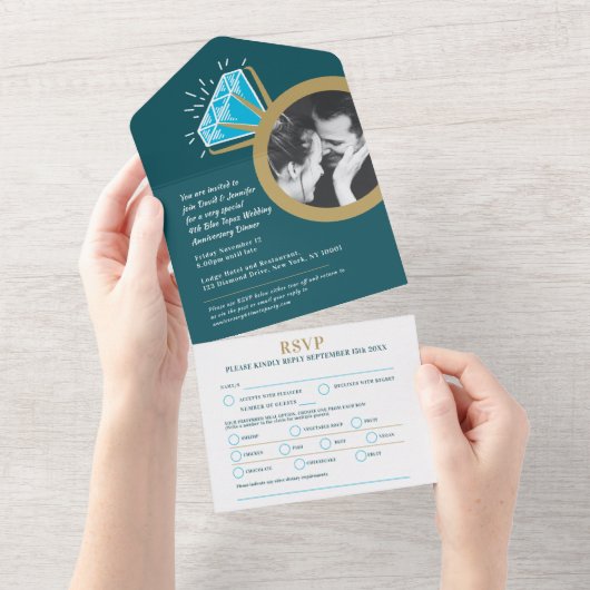 4e huwelijksjubileum diner blauwe topazen ring all all in one uitnodiging (Afscheurbaar)