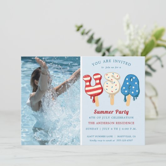 4e juli uitnodiging van de Pool- en Ice Cream-part (Staand voorkant)