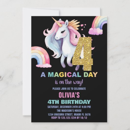 4e Rainbow Unicorn Anniversaire Invitations waterc (Devant)