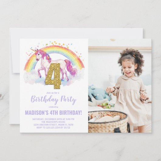 4e Rainbow Unicorn Birthday Invitations photo (Devant)