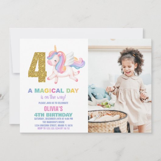 4e Rainbow Unicorn Invitations Anniversaire avec p (Devant)