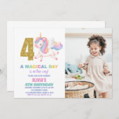 4e Rainbow Unicorn Invitations Anniversaire avec p (Devant / Derrière)