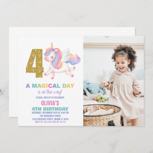 4e Rainbow Unicorn Invitations Anniversaire avec p (Devant / Derrière)