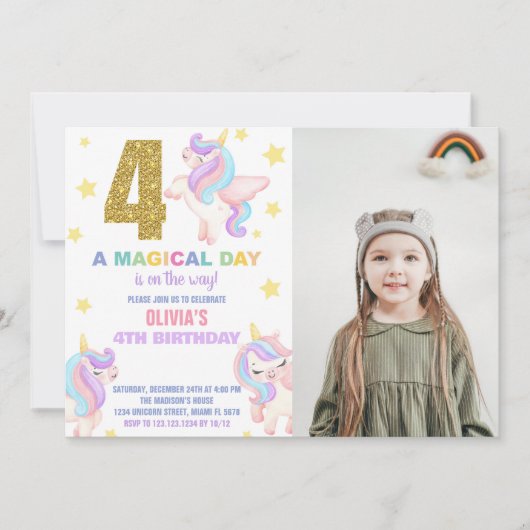 4e Rainbow Unicorn Invitations Anniversaire avec p (Devant)