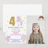 4e Rainbow Unicorn Invitations Anniversaire avec p (Devant / Derrière)