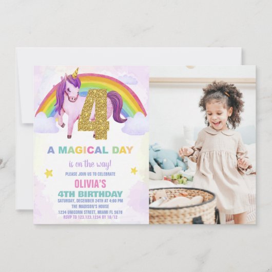 4e Rainbow Unicorn Invitations Anniversaire avec p (Devant)