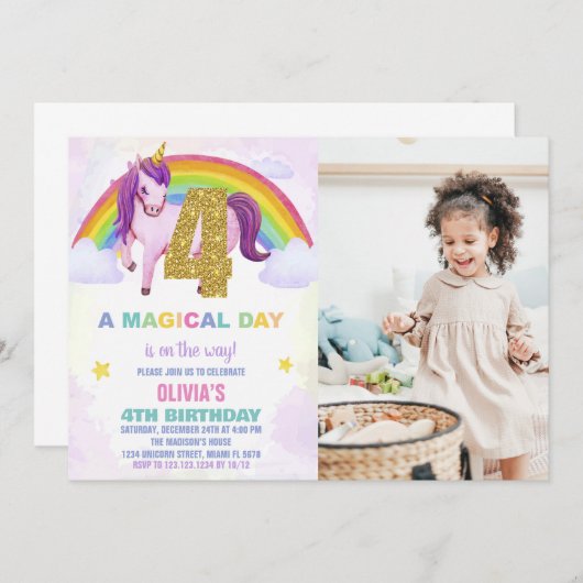 4e Rainbow Unicorn Invitations Anniversaire avec p (Devant / Derrière)