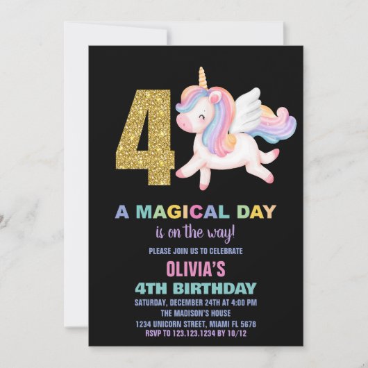 4e Rainbow Unicorn Invitations Anniversaire Noir (Devant)