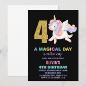 4e Rainbow Unicorn Invitations Anniversaire Noir (Devant / Derrière)
