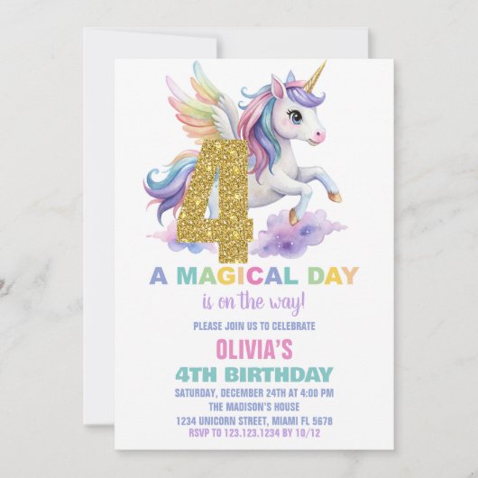 4e Rainbow Unicorn Invitations Anniversaire Vol (Devant)
