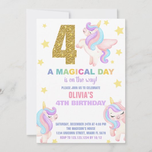 4e Rainbow Unicorn Invitations Anniversaire Vol (Devant)