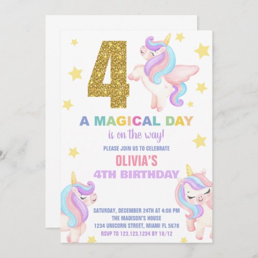 4e Rainbow Unicorn Invitations Anniversaire Vol (Devant / Derrière)