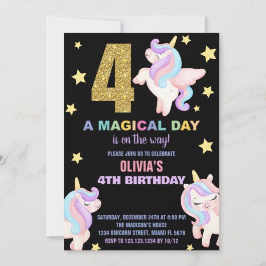 4e Rainbow Unicorn Invitations Anniversaire Vol (Devant)