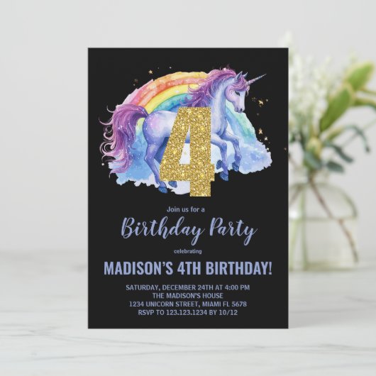 4e Rainbow Unicorn Invitations d'anniversaire (Debout devant)