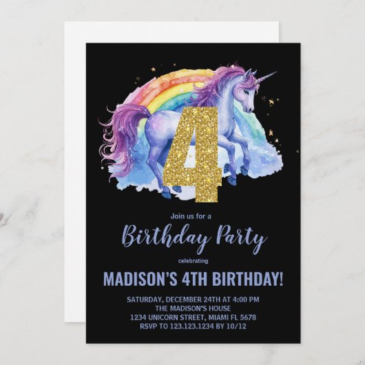 4e Rainbow Unicorn Invitations d'anniversaire (Devant / Derrière)