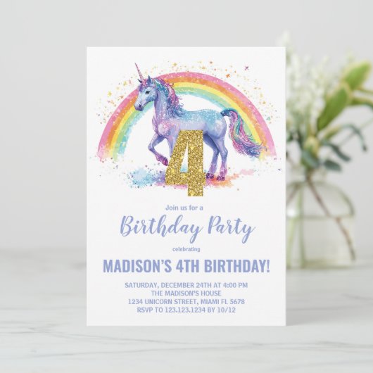 4e Rainbow Unicorn Invitations d'anniversaire (Debout devant)