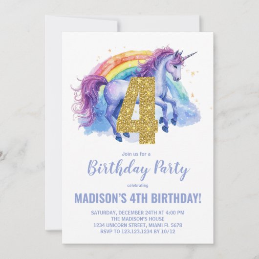 4e Rainbow Unicorn Invitations d'anniversaire (Devant)