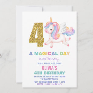 4e Rainbow Unicorn Verjaardag Uitnodigingen
