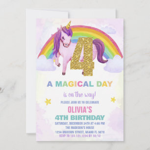 4e Rainbow Unicorn Verjaardag Uitnodigingen Cloud