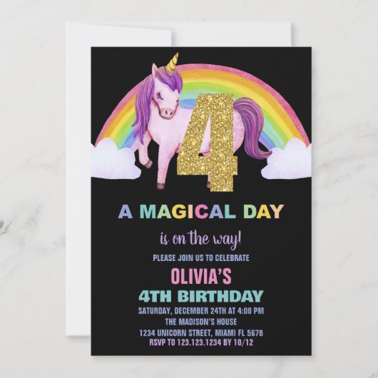 4e Rainbow Unicorn Verjaardag Uitnodigingen Glitte (Voorkant)
