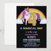 4e Rainbow Unicorn Verjaardag Uitnodigingen Glitte (Voorkant / Achterkant)