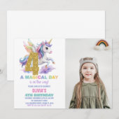 4e Rainbow Unicorn Verjaardag Uitnodigingen w foto (Voorkant / Achterkant)