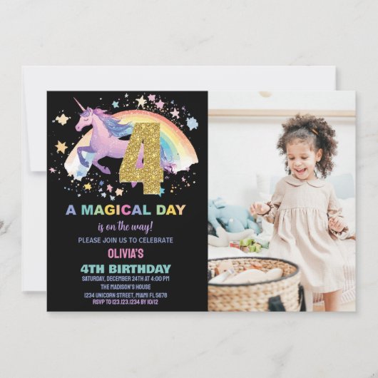 4e Unicorn Verjaardag Uitnodigingen met foto (Voorkant)
