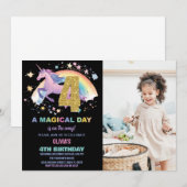 4e Unicorn Verjaardag Uitnodigingen met foto (Voorkant / Achterkant)
