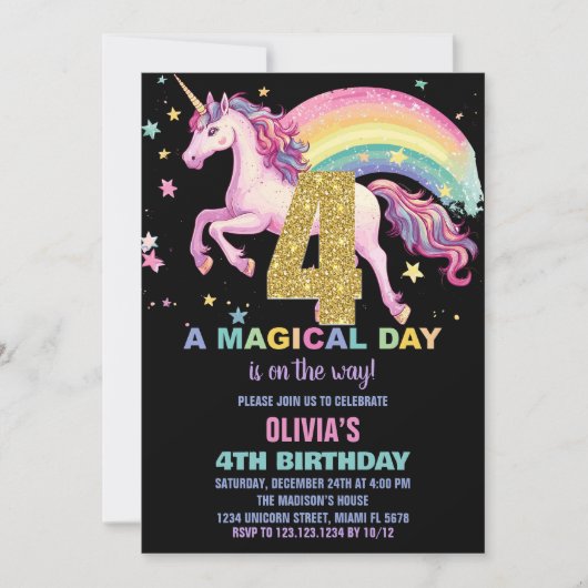 4e Unicorn Verjaardag Uitnodigingen Zwart (Voorkant)