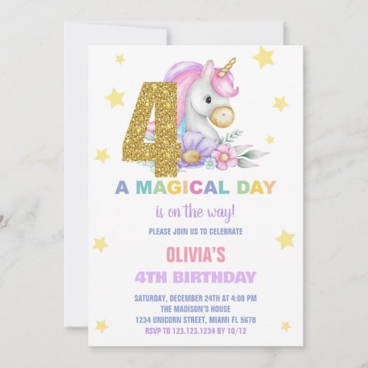 4e Unicorne Florale Invitations d'anniversaire (Devant)
