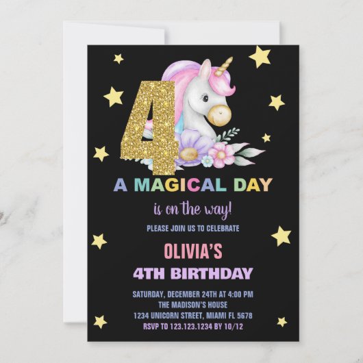 4e Unicorne Florale Invitations d'anniversaire (Devant)