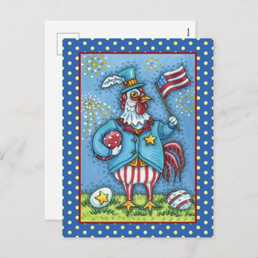 4E VAN JULY ROOSTER, FUNNY PATRIOTIC CHICKEN FEESTDAGENKAART (Voorkant / Achterkant)