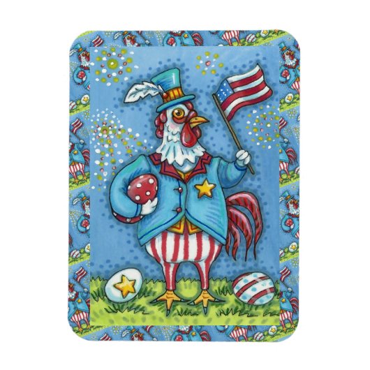 4E VAN JULY ROOSTER, FUNNY PATRIOTIC CHICKEN MAGNEET (Verticaal)