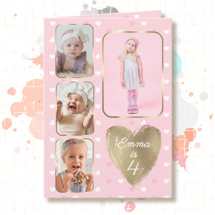 4e verjaardag 4 foto collage goud roze harten kaart